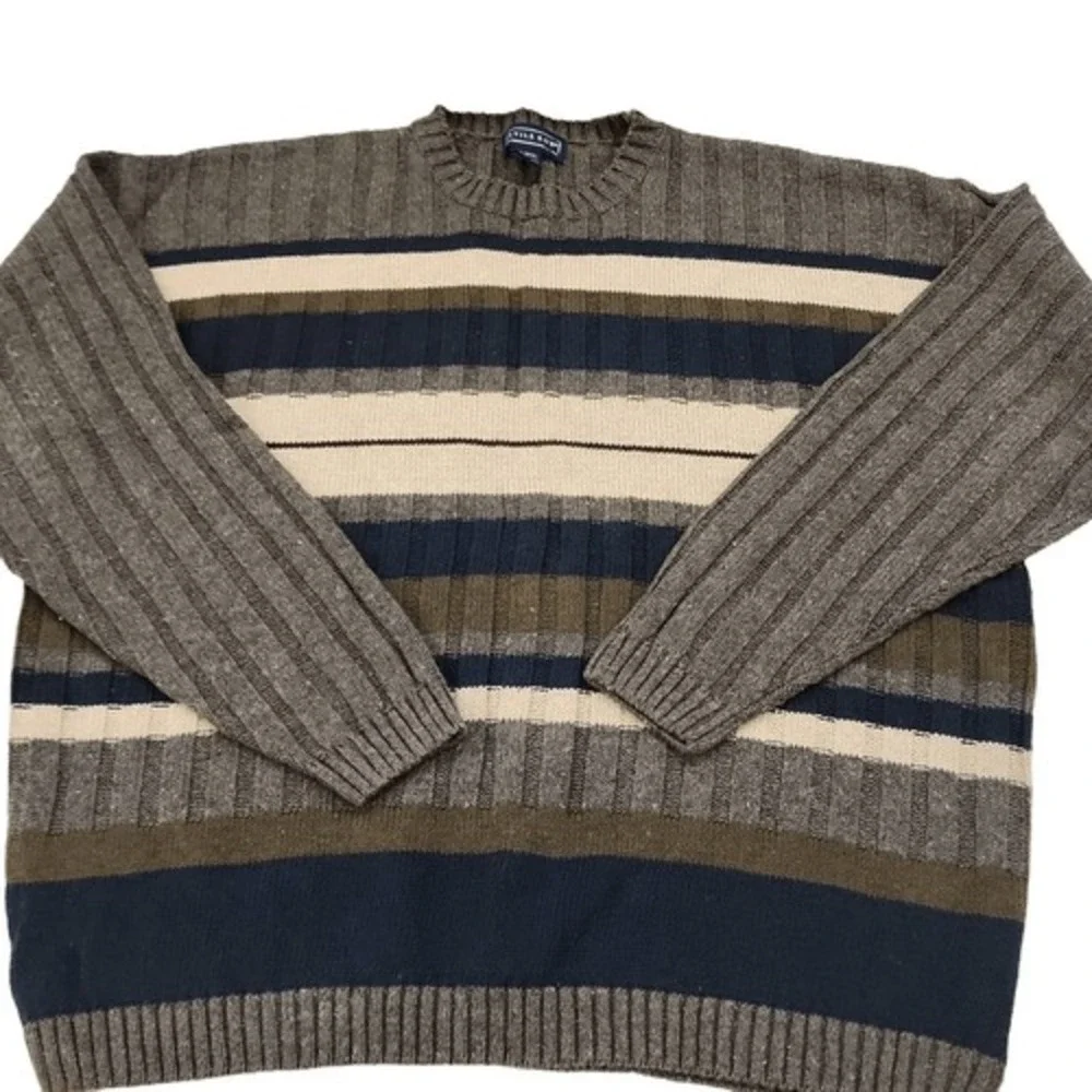 Savile Row Mens Large Striped Ribbed‎ Knit Sweater Grey Navy Ramie Cotton Blend
